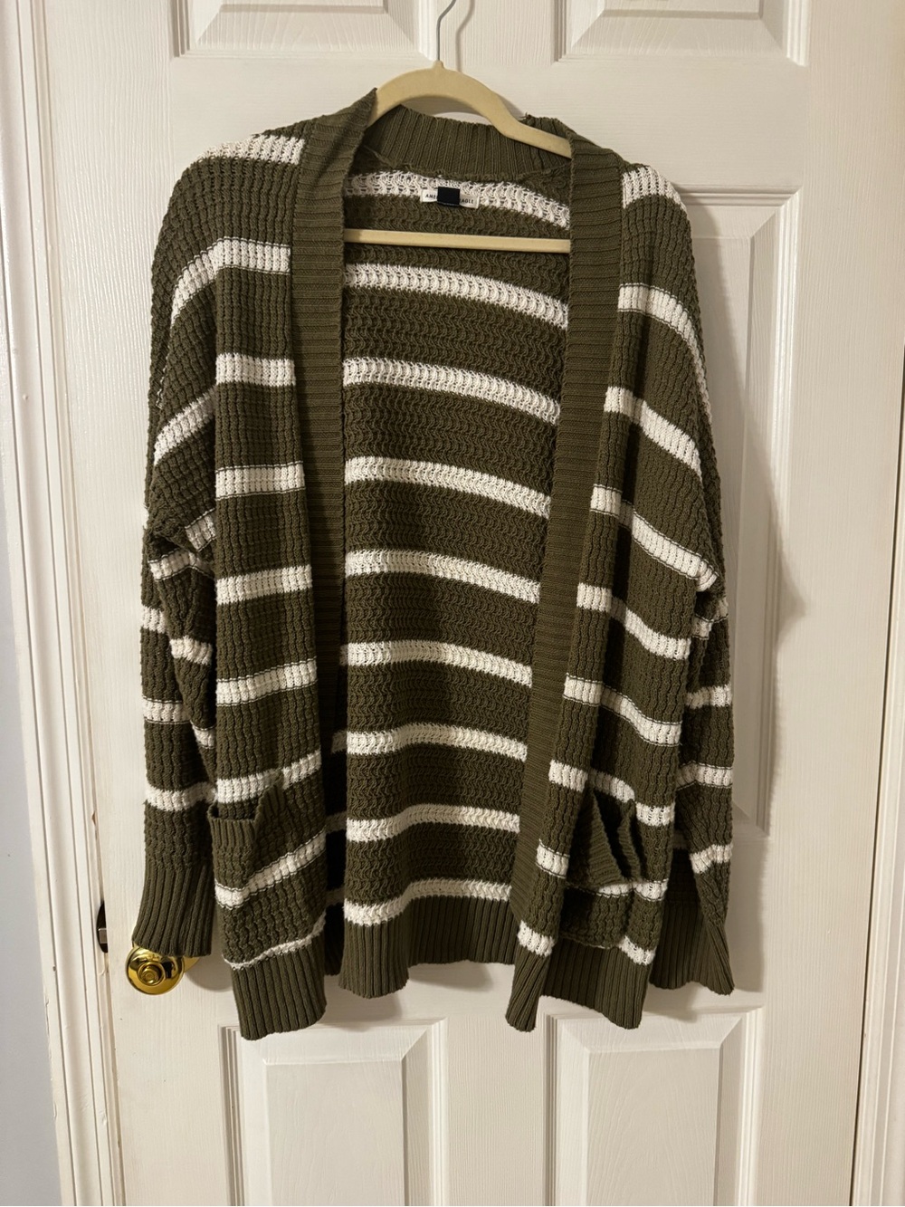 American Eagle Olive Green & White Striped Open-Front Women's Sweater
